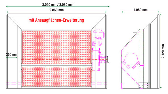 [Translate to Englisch:] technische Zeichnung Farbnebel-Absaugwand SuperMax mit Ansaugflächen-Erweiterung
